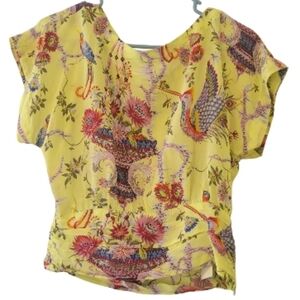 Maeve By Anthropologie Garden 100% Silk Yellow Floral Bird Blouse Size 2